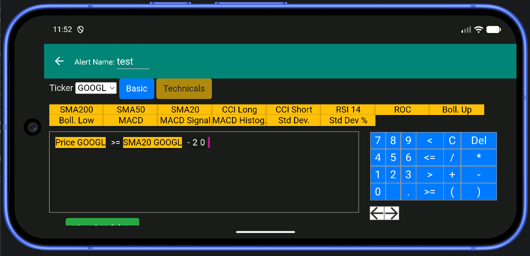 Sheep Trade formula editor combining a stock price and SMA 20 with comparison and arithmetic controls