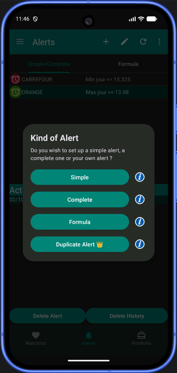 Sheep Trade alert type menu with Simple, Complete and Formula options
